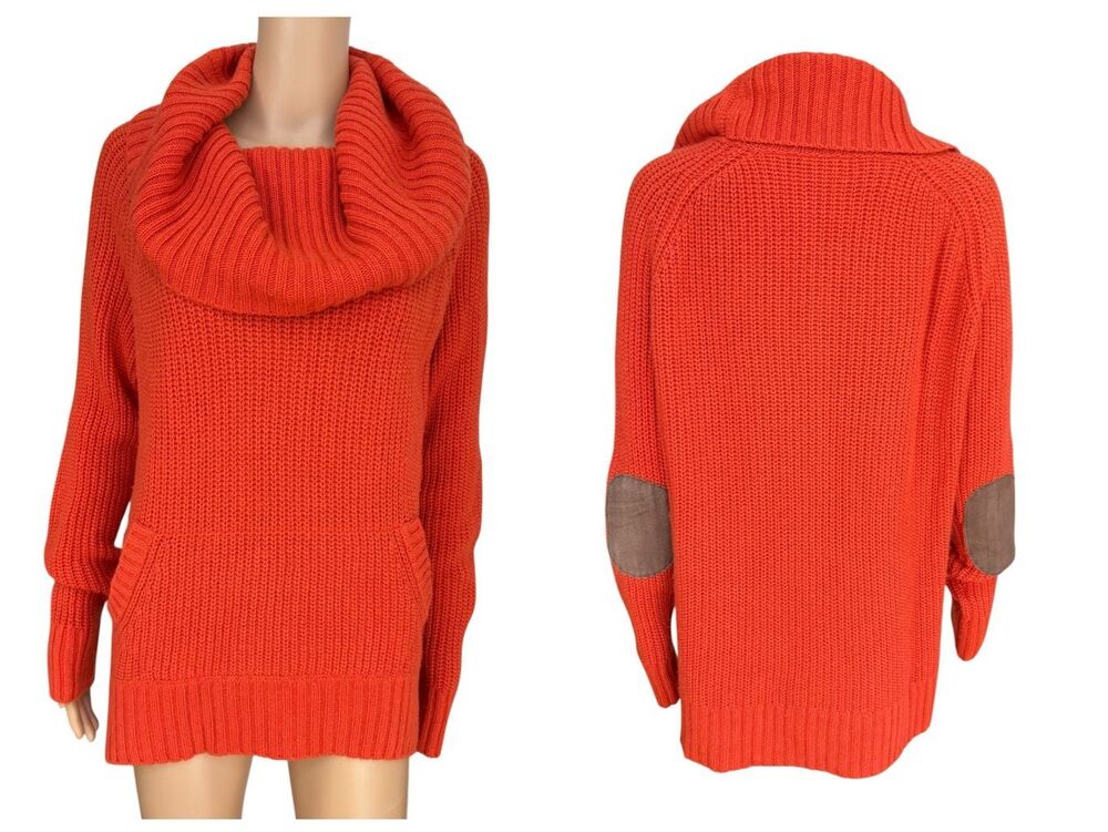 Autumn Cashmere Orange Cowl Neck Sweater Cashmere Blend Leather Elbow Patches L